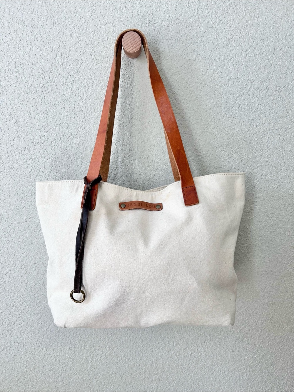 Henri Lou Cream Canvas with Leather Details and Zipper Pocket Tote Bag